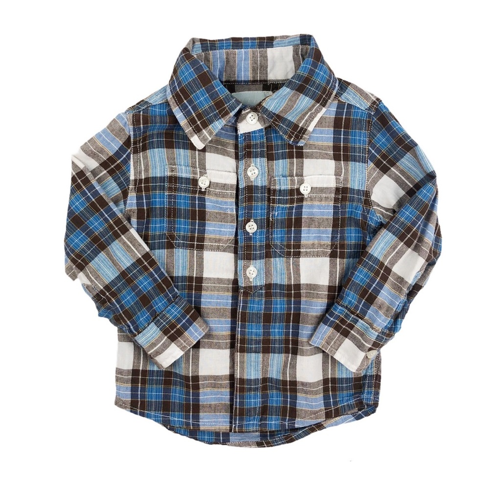 Peek Little Peanut Plaid Button Down Shirt Brown Blue Size 6-12 Months